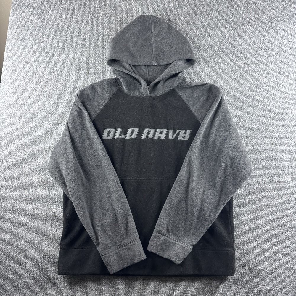 VINTAGE‎ Old Navy Hoodie Men L Gray Black Fleece Y2K Spellout Logo Pullover